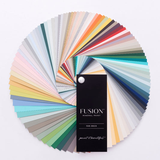 Fusion Mineral Paint Fan Deck with a variety of colours on a white background
