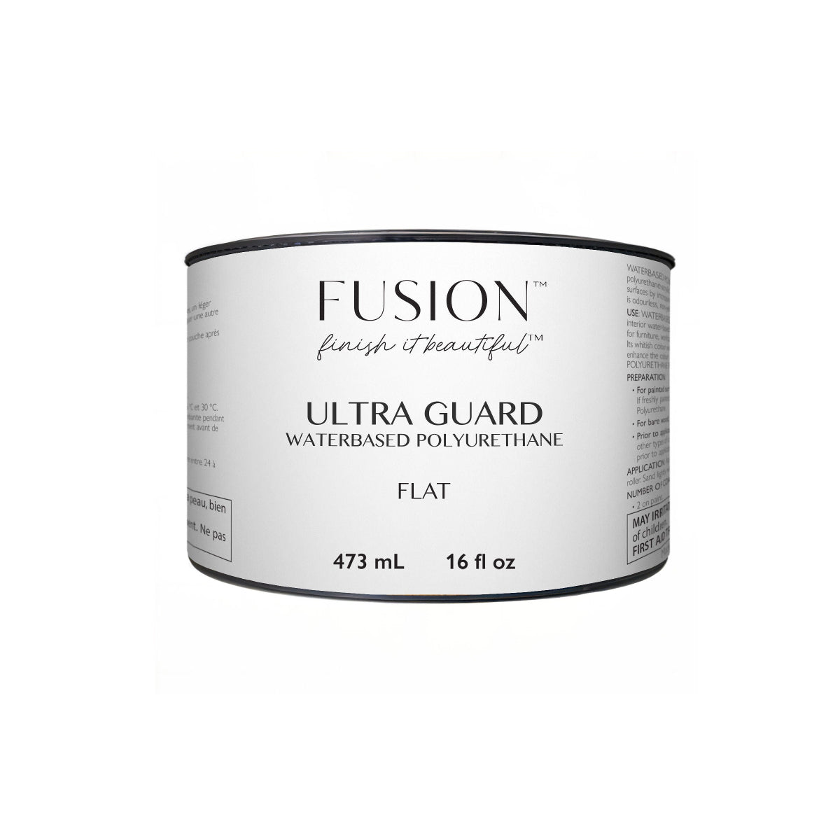A 473ml can of furniture varnish Fusion Ultra Guard water-based polyurethane -top coat for upcycled furniture on a white background