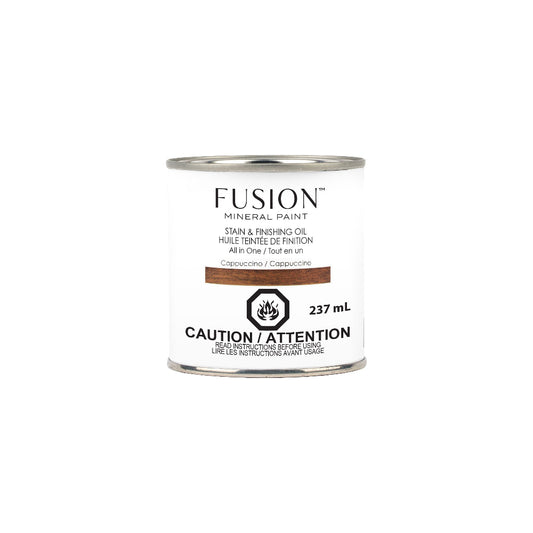 Can of Fusion Mineral Paint Cappuccino Stain & Finishing Oil on a white background