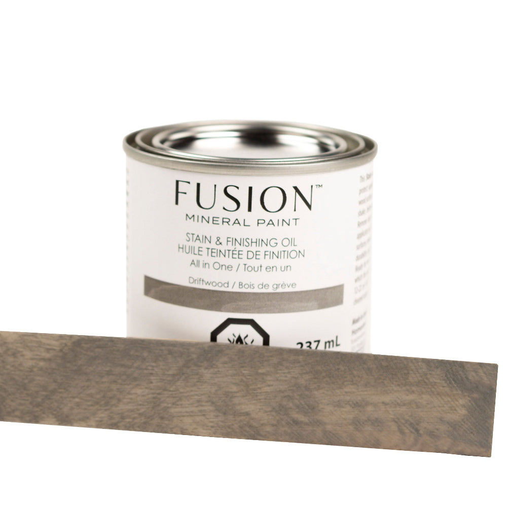 Fusion Stain and Finishing Oil in Driftwood painted on a sample of raw wood to show depth of colour