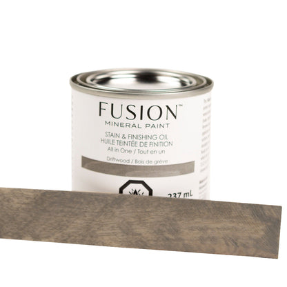 Fusion Stain and Finishing Oil in Driftwood painted on a sample of raw wood to show depth of colour