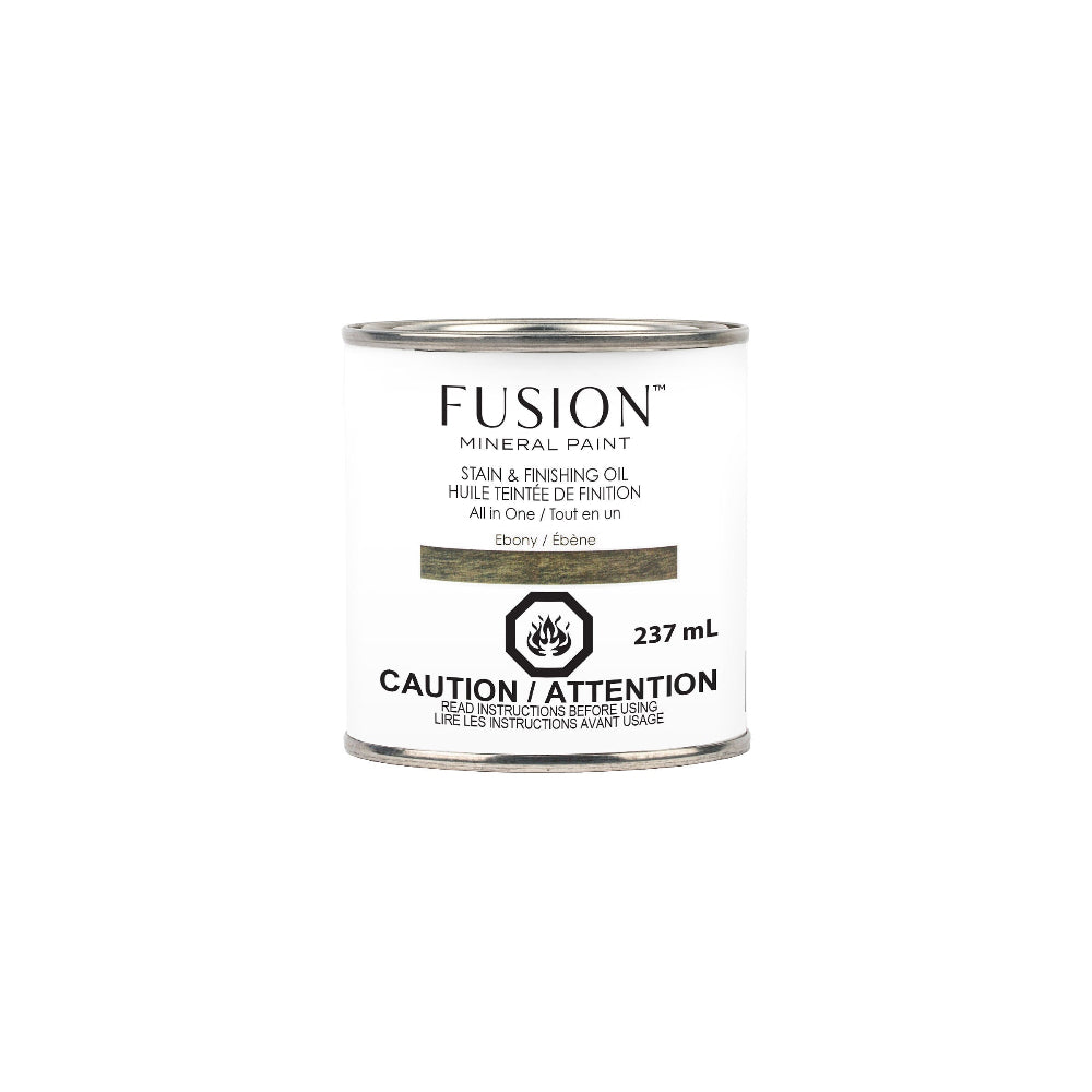 Can of Fusion Mineral Paint Ebony Stain & Finishing Oil on a white background