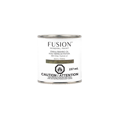 Can of Fusion Mineral Paint Ebony Stain & Finishing Oil on a white background