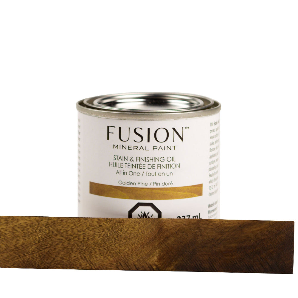 Fusion Stain and Finishing Oil in Golden Pine painted on a sample of raw wood to show depth of colour