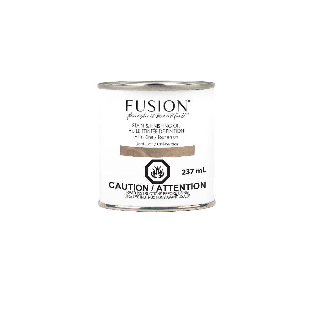 Can of Fusion Mineral Paint Light Oak Stain & Finishing Oil on a white background