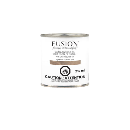 Can of Fusion Mineral Paint Light Oak Stain & Finishing Oil on a white background