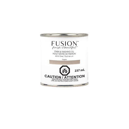 Can of Fusion Mineral Paint Taupe Stain & Finishing Oil on a white background