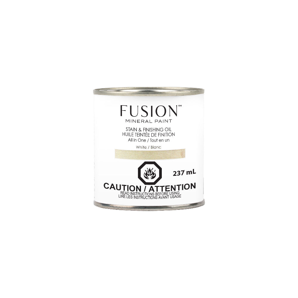 Can of Fusion Mineral Paint White Stain & Finishing Oil on a white background