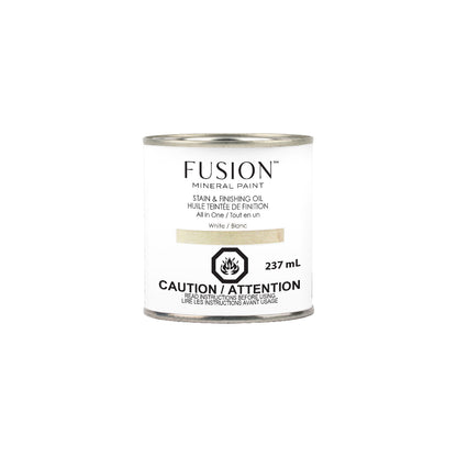 Can of Fusion Mineral Paint White Stain & Finishing Oil on a white background