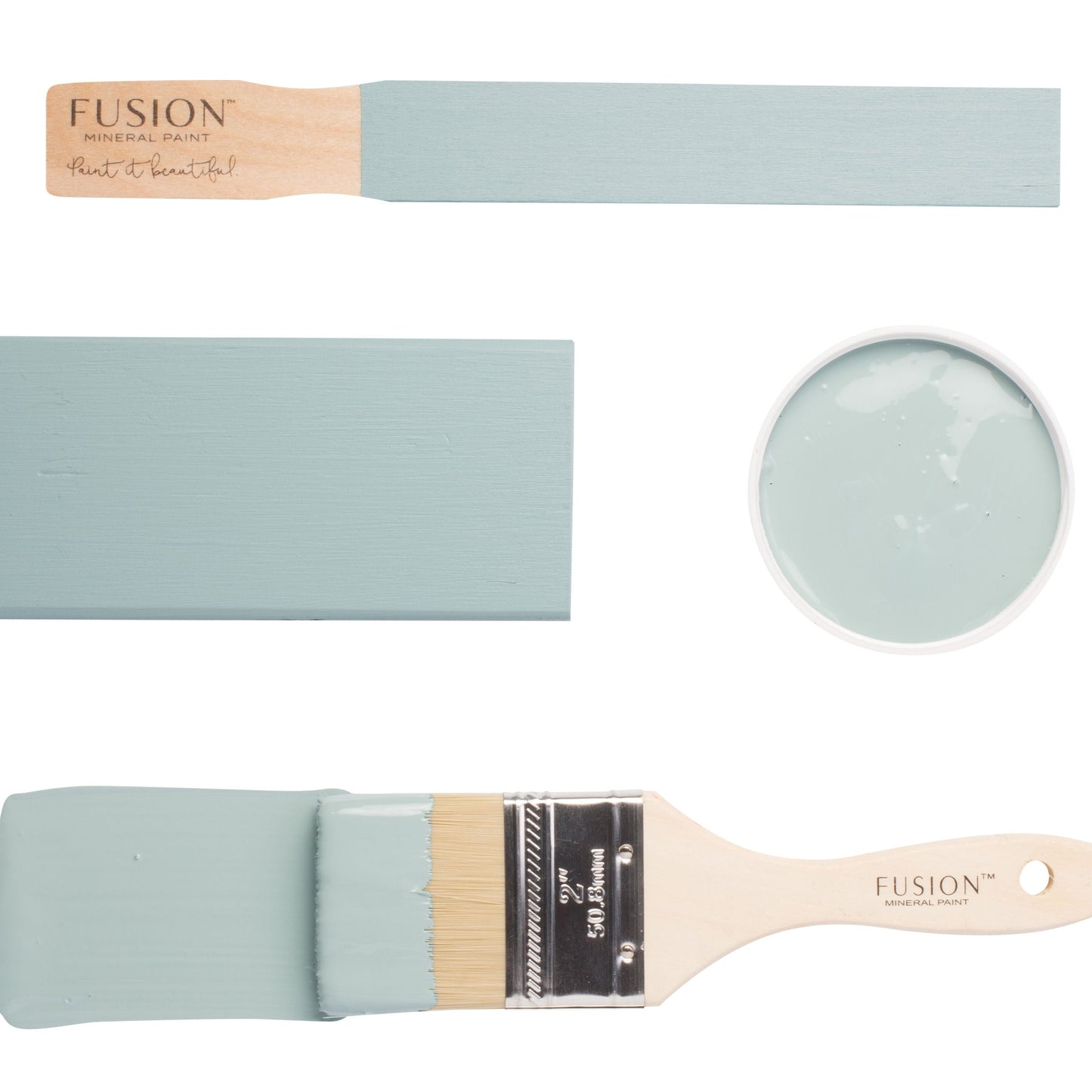 Heirloom Fusion Mineral Paint swatch, brush, and container on a white background