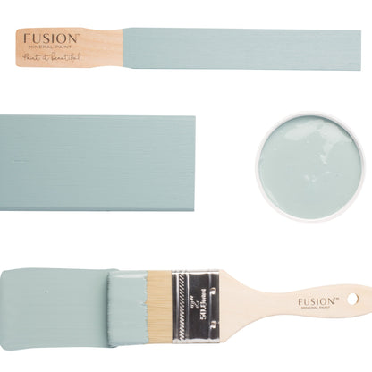 Heirloom Fusion Mineral Paint swatch, brush, and container on a white background