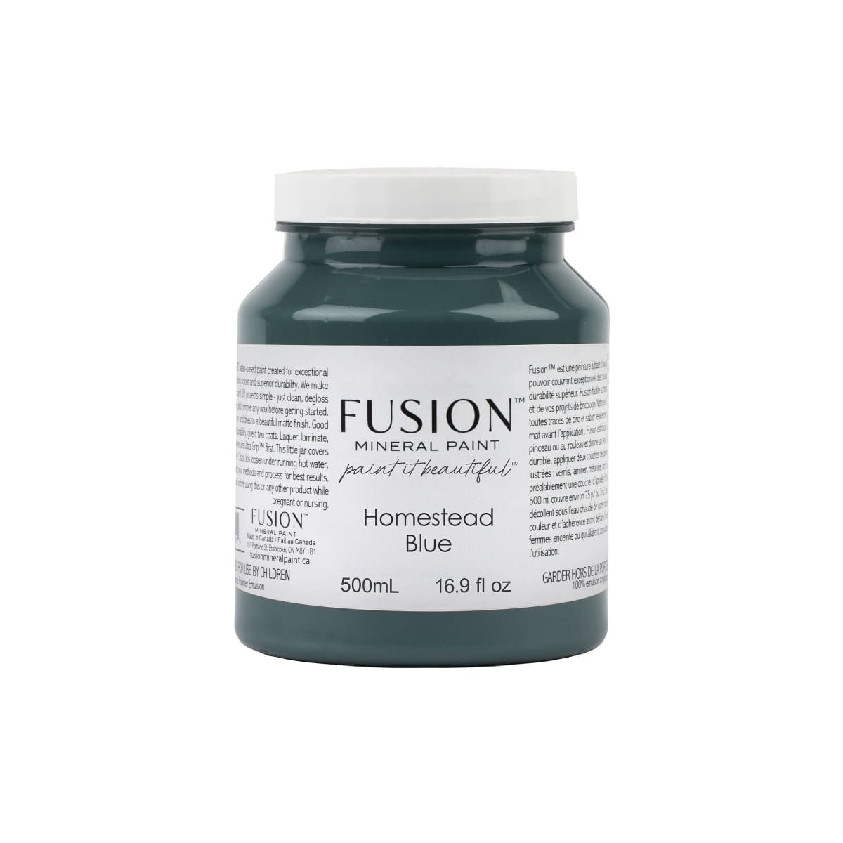 Fusion Mineral Paint jar labelled 'Homestead Blue' on a white background.