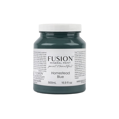 Fusion Mineral Paint jar labelled 'Homestead Blue' on a white background.