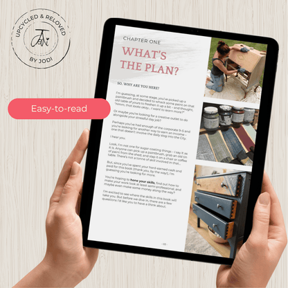 Person holding a tablet with a DIY upcycling furniture ebook called how to paint furniture that lasts, written by Upcycled & Reloved by Jodi 