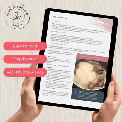 Person holding a tablet with a DIY upcycling furniture ebook called how to paint furniture that lasts, written by Upcycled & Reloved by Jodi 