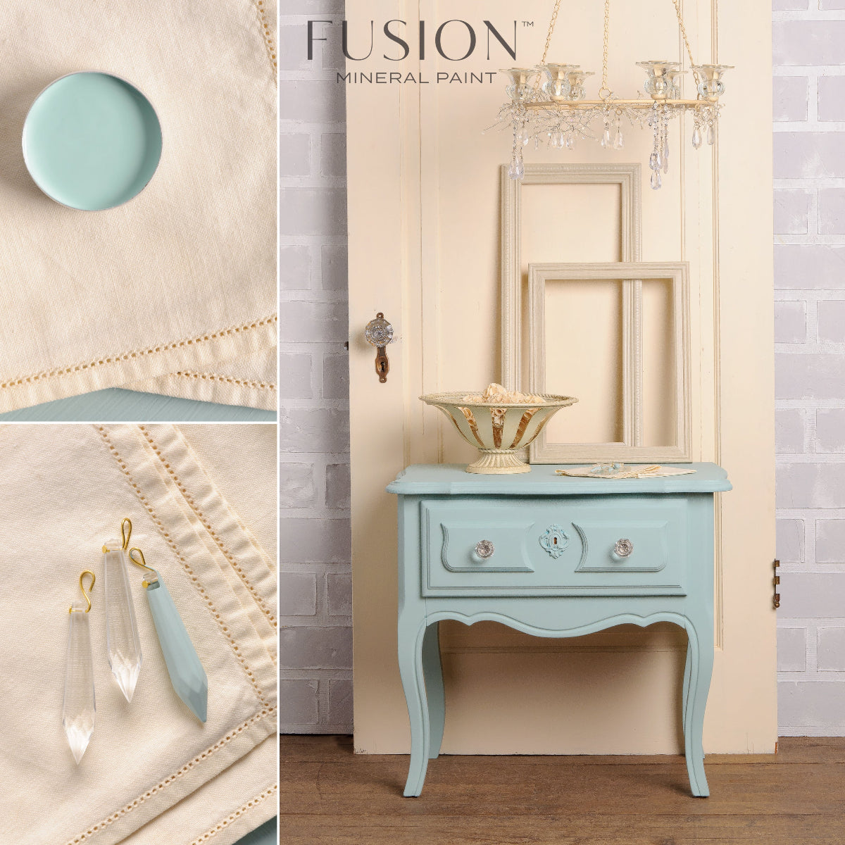 A light blue cabinet, decorative earrings, and small bowl painted in Inglenook from Fusion Mineral Paint range against a textured wall