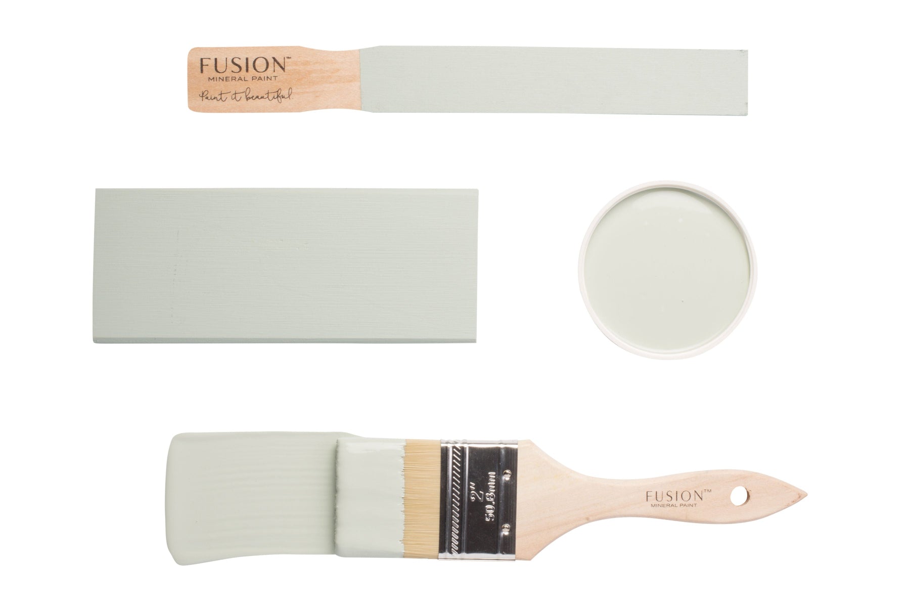 Fusion paintbrushes and paint swatches with Inglenook colour on a white background