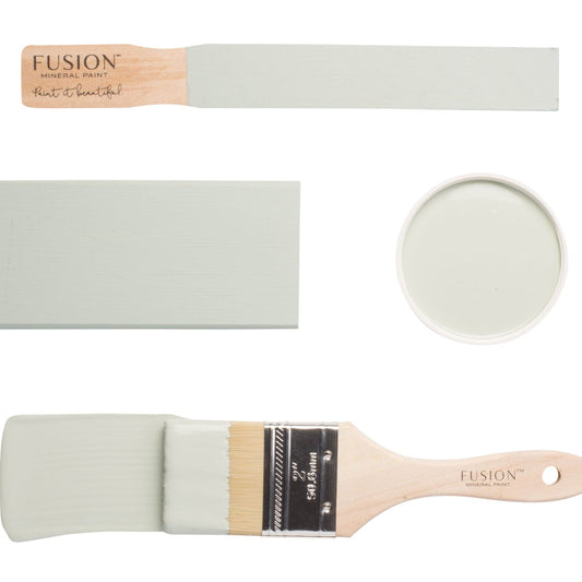 Fusion paintbrushes and paint swatches with Inglenook colour on a white background