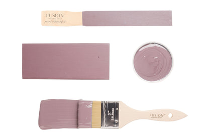 Fusion paint swatch and brush with Lavender Haze colour on a white background