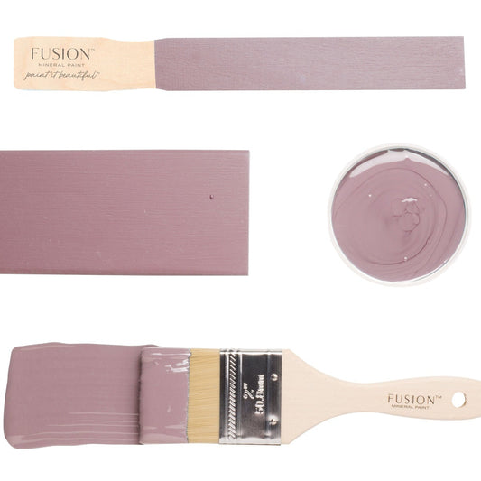 Fusion paint swatch and brush with Lavender Haze colour on a white background