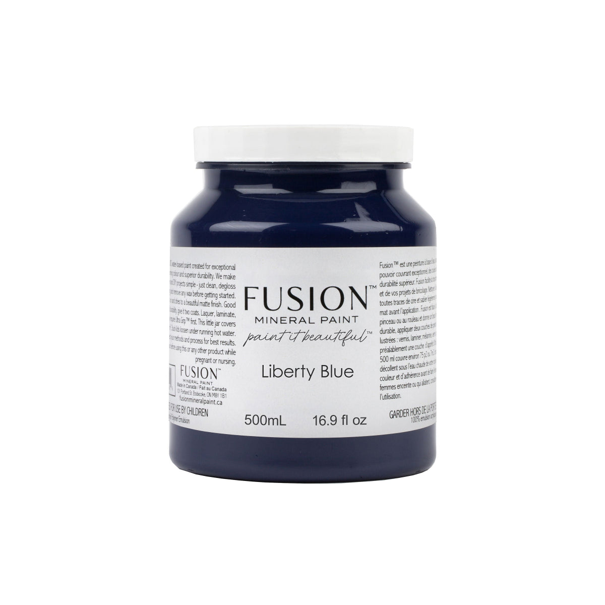 Fusion Mineral Paint jar of Liberty Blue on a white background