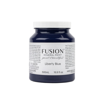 Fusion Mineral Paint jar of Liberty Blue on a white background