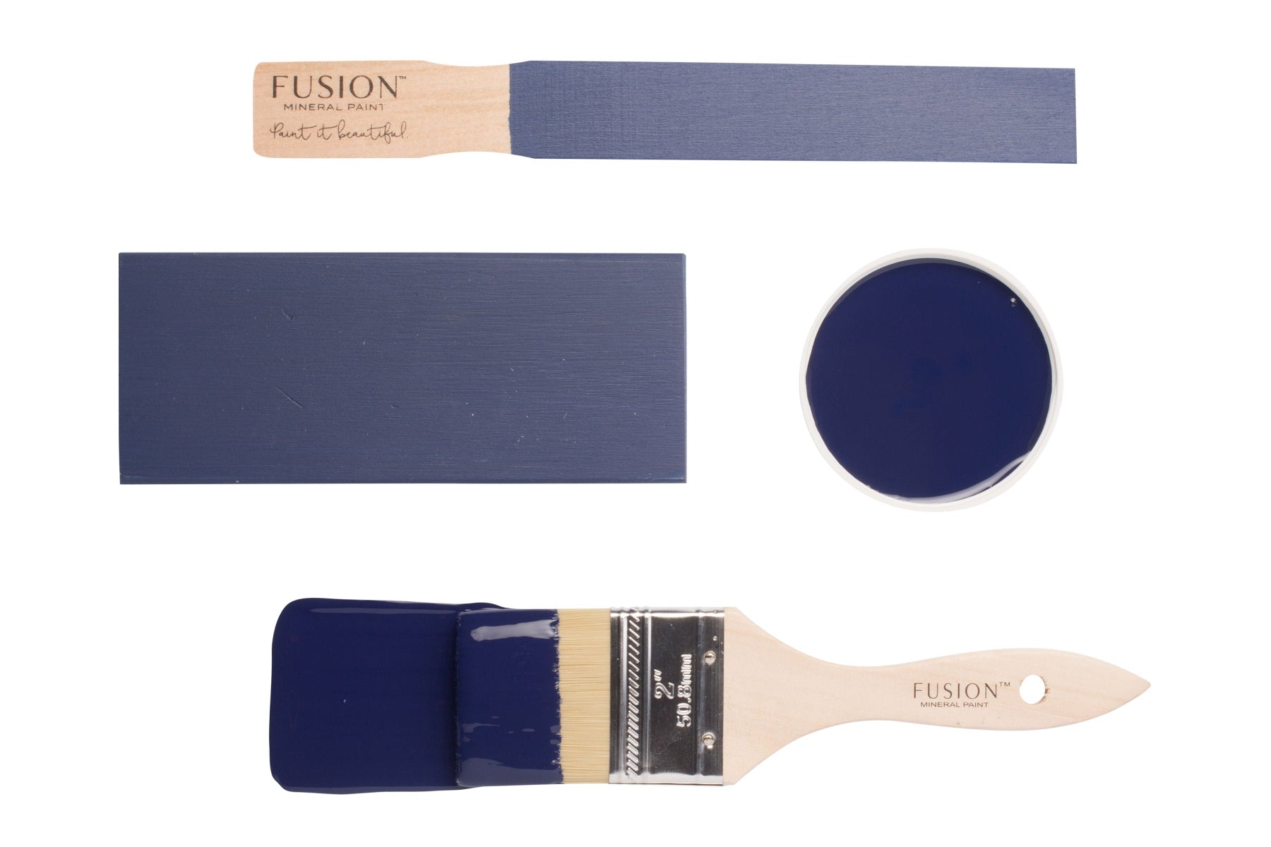 Fusion paintbrushes and paint swatches with Liberty Blue colour on a white background