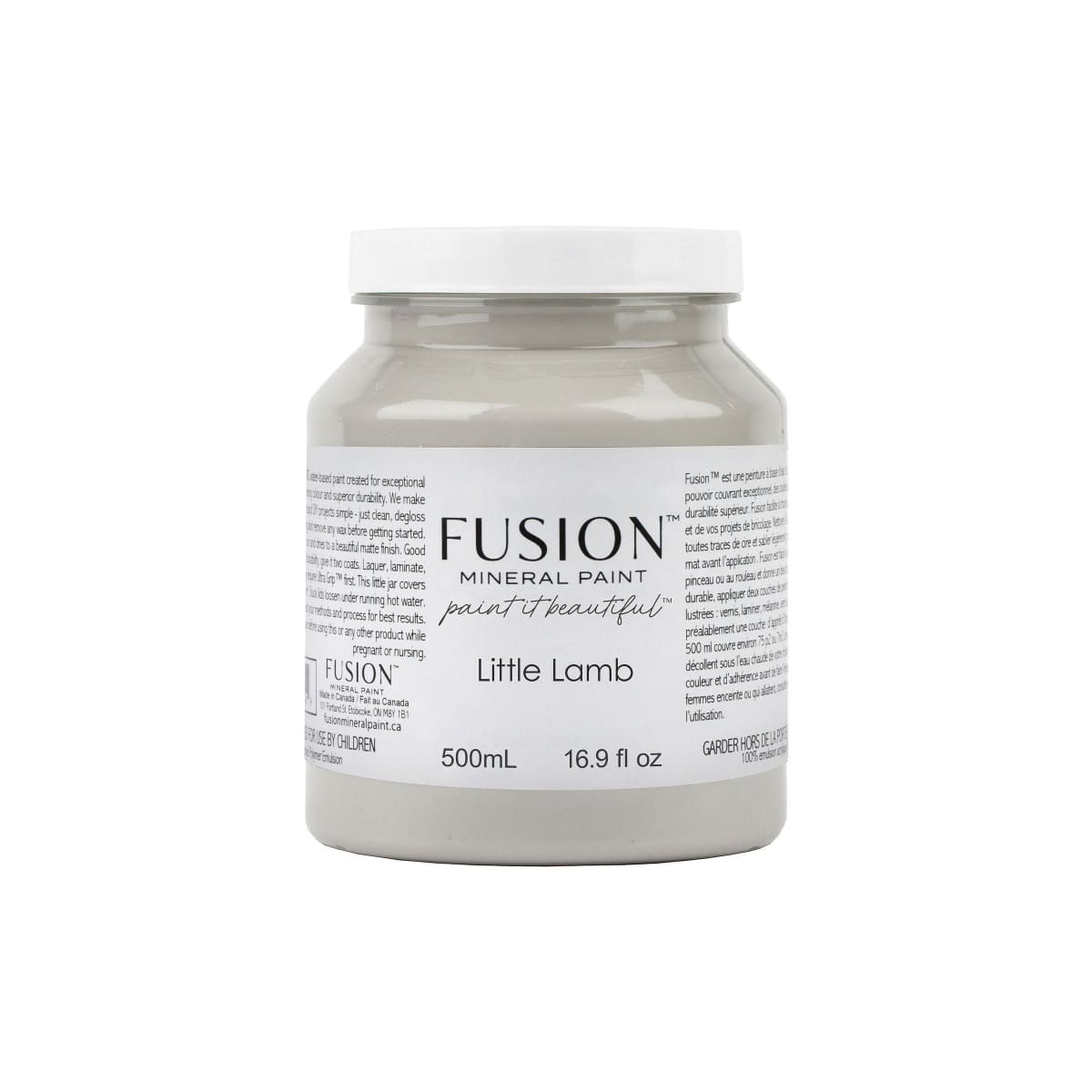 Jar of Fusion Mineral Paint in grey Little Lamb colour on a white background.