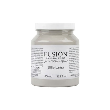 Jar of Fusion Mineral Paint in grey Little Lamb colour on a white background.