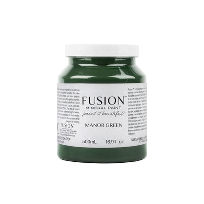 Jar of Fusion Mineral Paint in Manor Green on a white background