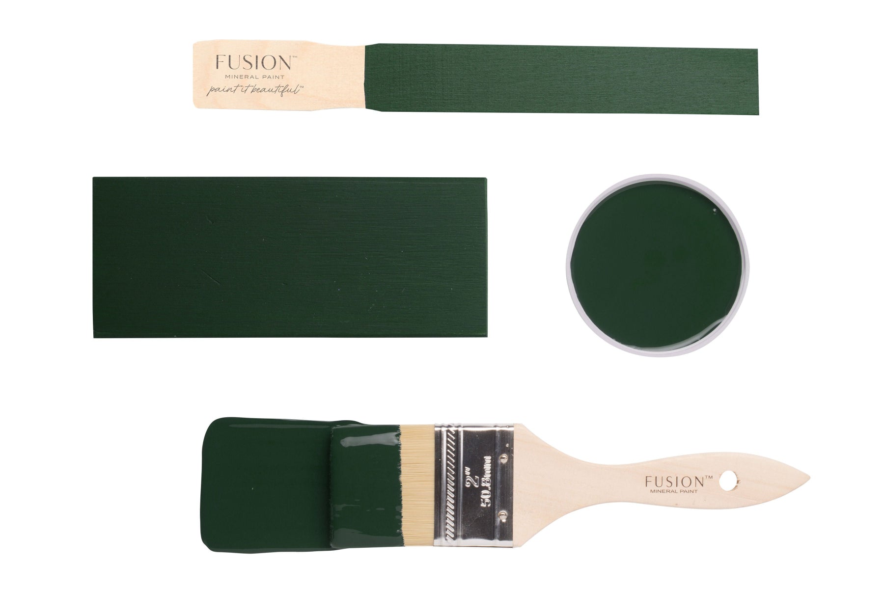 Fusion paintbrushes and paint swatches with Manor Green colour on a white background
