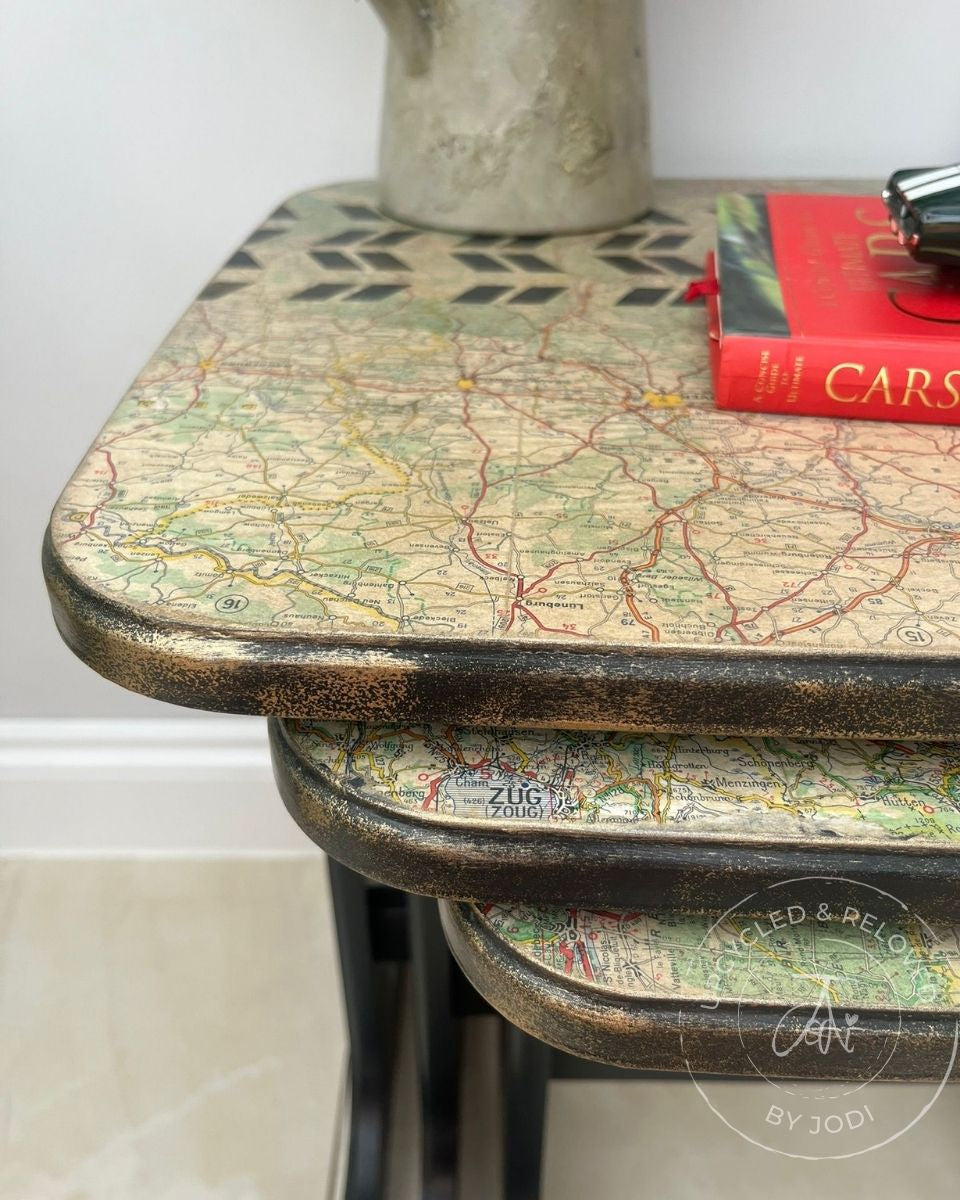 REDUCED!! Nest of Tables Set of 3 - Ash Black with Decoupage Map and Tyre Tracks