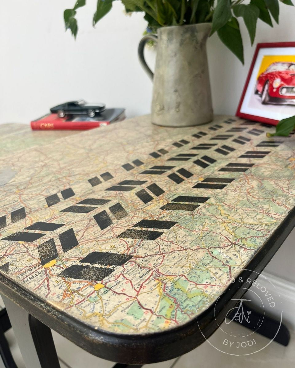 REDUCED!! Nest of Tables Set of 3 - Ash Black with Decoupage Map and Tyre Tracks