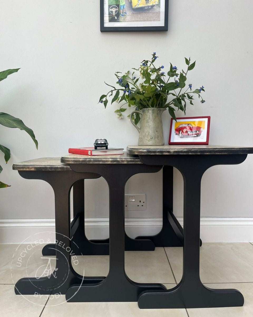REDUCED!! Nest of Tables Set of 3 - Ash Black with Decoupage Map and Tyre Tracks