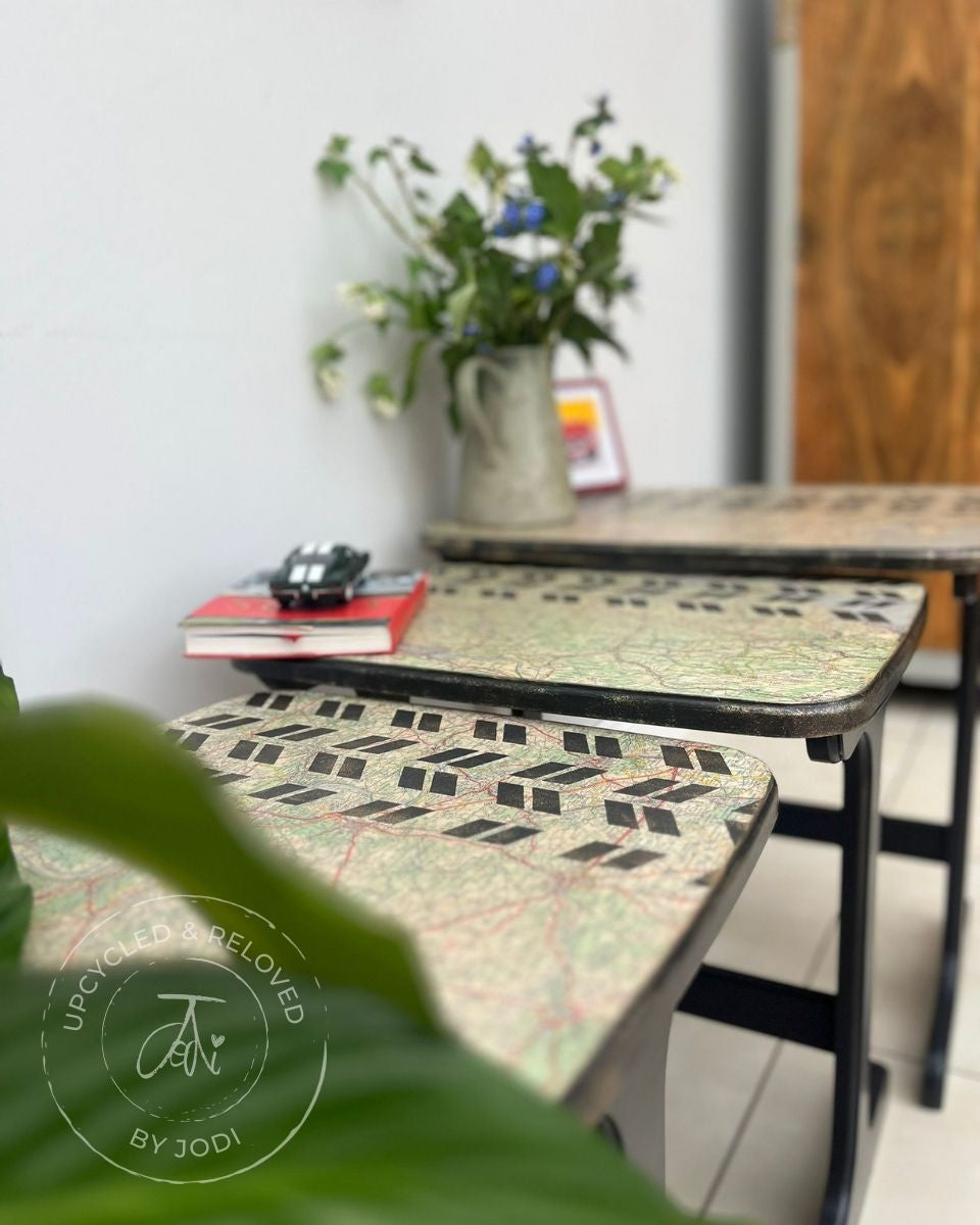 REDUCED!! Nest of Tables Set of 3 - Ash Black with Decoupage Map and Tyre Tracks