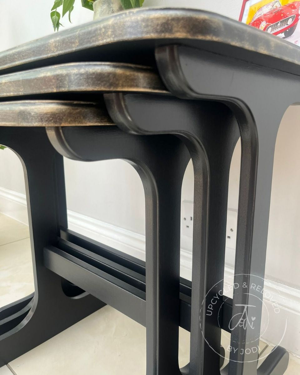 REDUCED!! Nest of Tables Set of 3 - Ash Black with Decoupage Map and Tyre Tracks