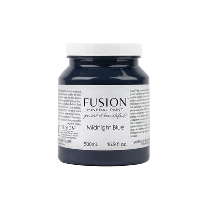 Fusion Mineral Paint jar of Midnight Blue on a white background