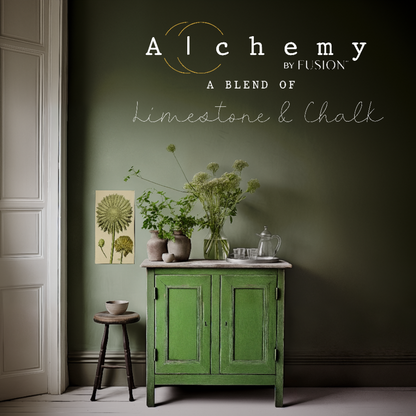 Wooden cabinet painted in a chalky green-yellow coloured paint called Moss from the Alchemy by Fusion range