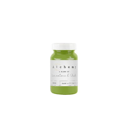 Green-yellow coloured Moss from Alchemy by Fusion paint range on a white background
