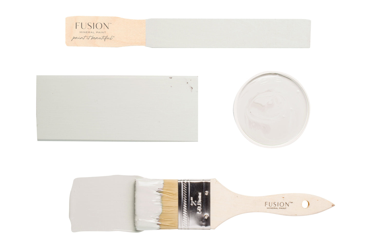 Fusion paint brush and swatch with 'Parchment' colour on a white background