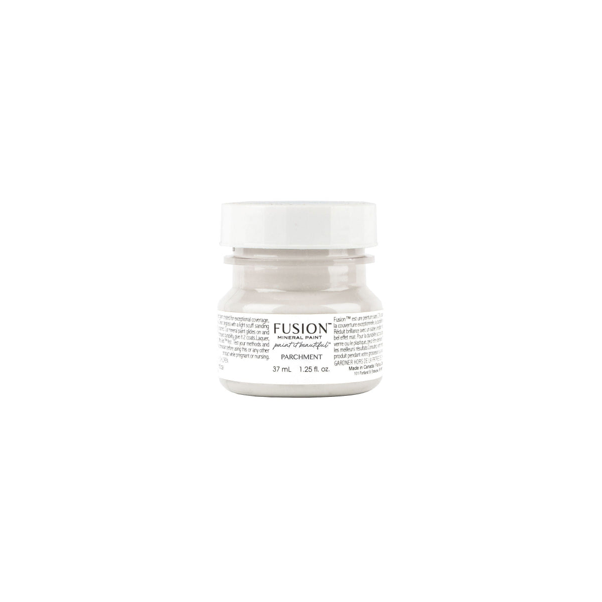 Tester size jar of Fusion Mineral Paint in Parchment colour on a white background