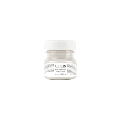 Tester size jar of Fusion Mineral Paint in Parchment colour on a white background