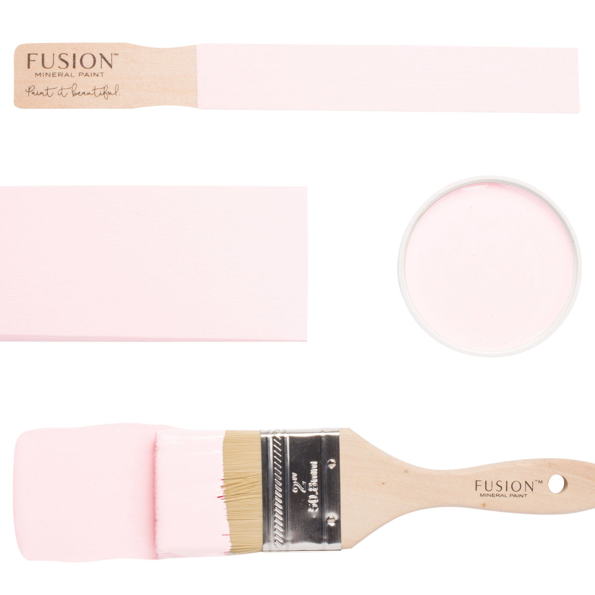 Fusion Mineral Paint in Peony swatch and brush in blush pink Peony colour on a white background. Pale pink furniture paint durable easy to use Upcycling paint in palest pink