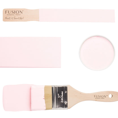 Fusion Mineral Paint in Peony swatch and brush in blush pink Peony colour on a white background. Pale pink furniture paint durable easy to use Upcycling paint in palest pink