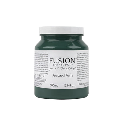 Fusion Mineral Paint jar labelled 'Pressed Fern' on a white background