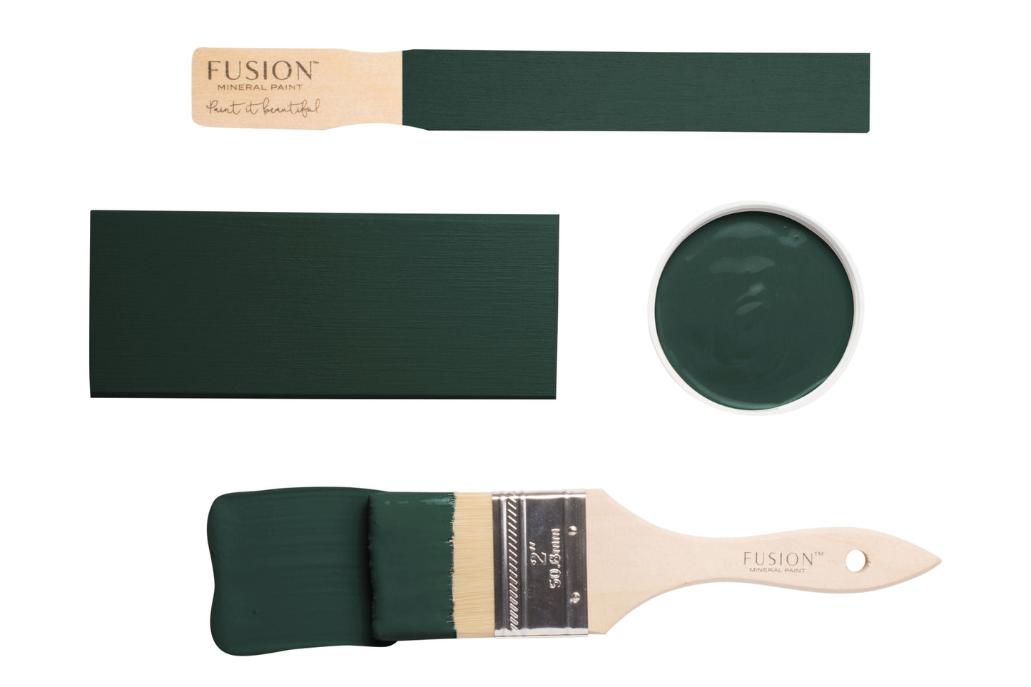 Paintbrushes and swatch with 'Pressed Fern' colour from Fusion Mineral Paint on a white background