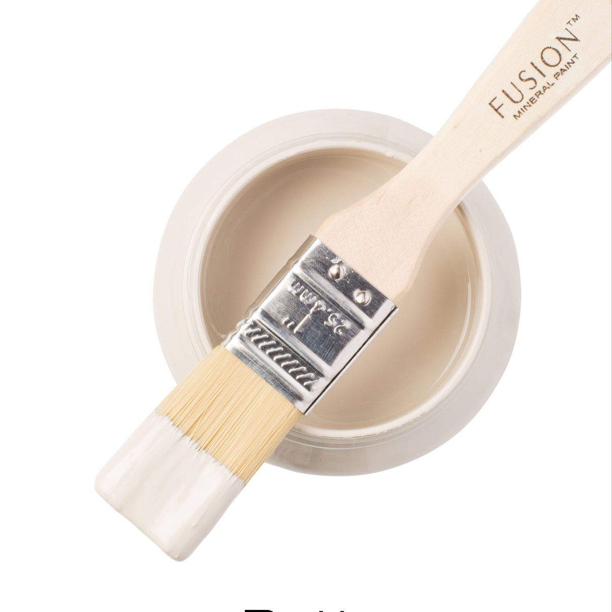 Open jar of creamy beige Fusion Mineral Paint in Putty wth an angled brush and putty paint sample