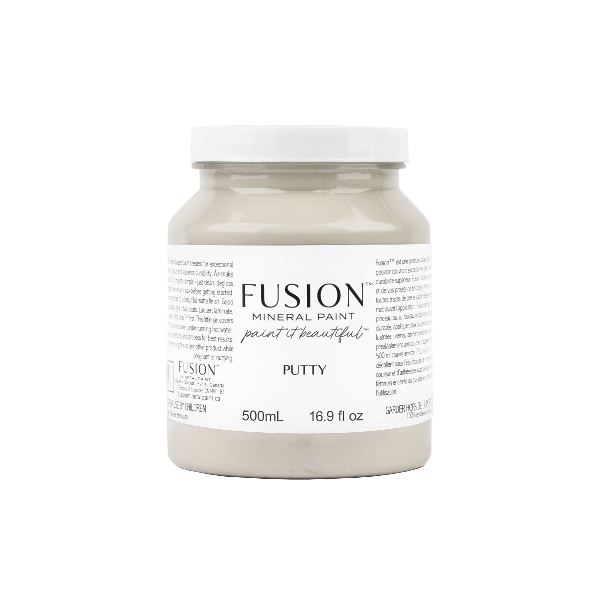 A 500 mL jar of Fusion Mineral Paint in the colour 'Putty', featuring a white lid and a white label with black text, set against a plain white background. A jar or Putty coloured furniture paint
