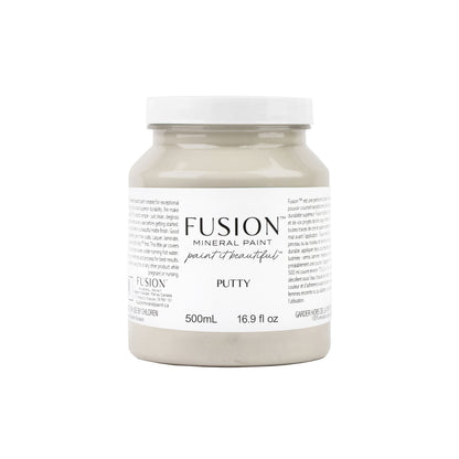 A 500 mL jar of Fusion Mineral Paint in the colour 'Putty', featuring a white lid and a white label with black text, set against a plain white background. A jar or Putty coloured furniture paint