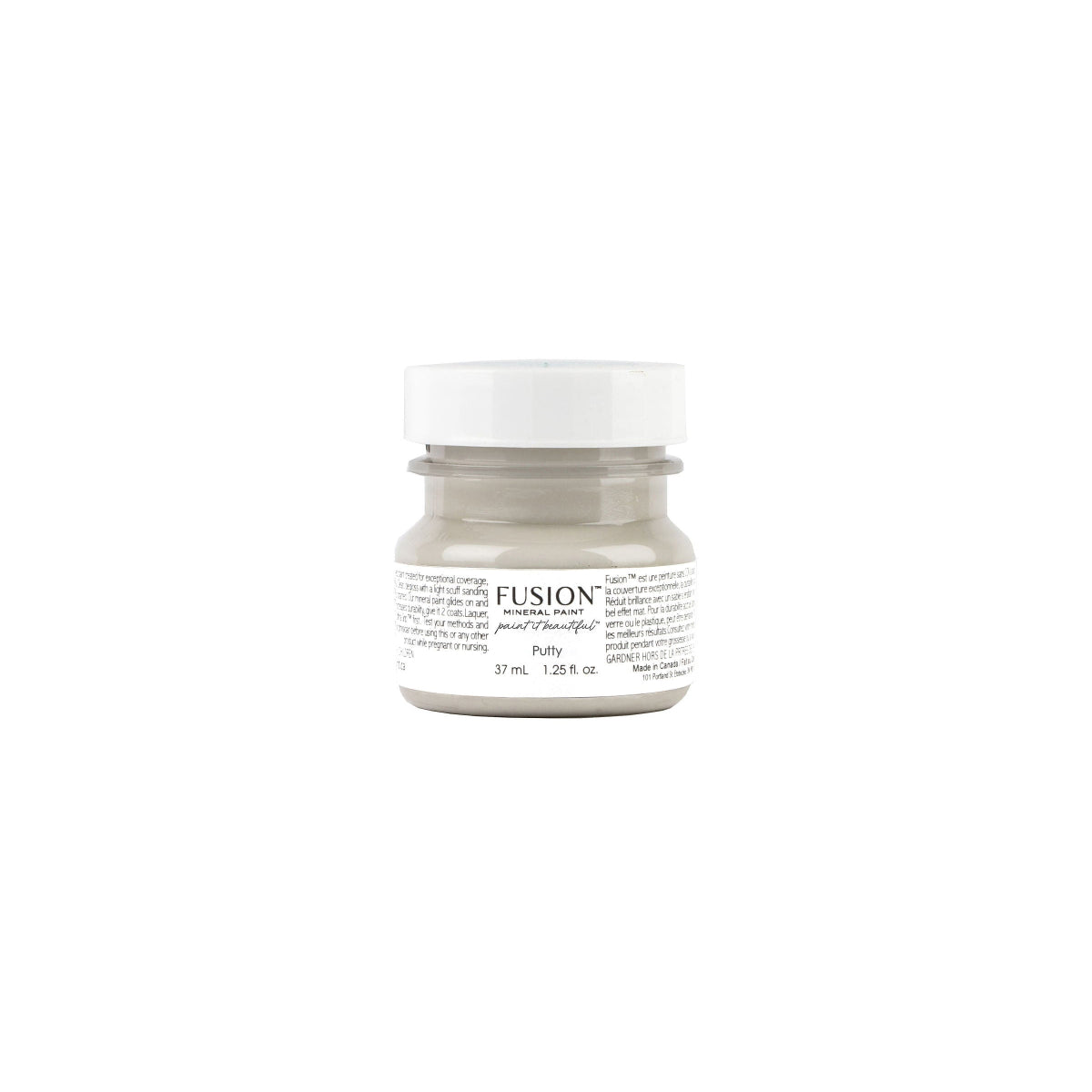 A small tester sample jar of Putty Fusion Mineral Paint . sample of a soft beige furniture paint by Fusion Mineral